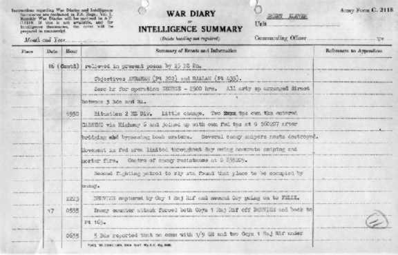 <p>La pagina del diario storico della 4a divisione di fanteria indiana con i codici della quota 435, BAALAM, e della quota 202, ABRAHAM.</p><p class='eng'>The page of the Historic Journal of the 4th Indian Infantry Division with the codes for Hill 435, BAALAM, and Hill 202, ABRAHAM.</p>