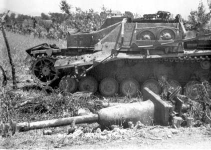 <p>24 maggio 1944, linea Senger, nei pressi di Pontecorvo. Un cannone semovente anticarro StuG IV (StuG Brigade 907? ndr).</p>