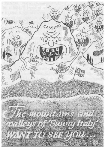 <p>Volantino inviato ai soldati anglo – americani; mostra la montagna di Montecassino con una enorme bocca che ingoia soldati: "Le Montagne e le valli dell’Italia assolata, vogliono vederti".<br />Evidente il riferimento alla terribile fornace che attendeva i soldati alleati e l’intento di incutere loro timore.</p>