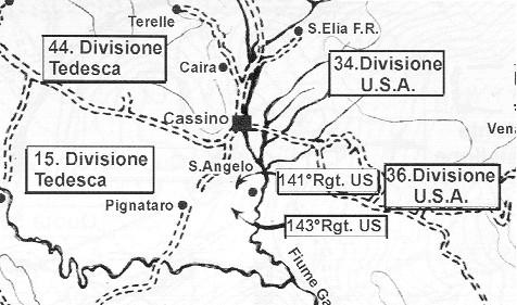 <p>I punti in cui gli americani tentarono di attraversare il fiume Gari nel gennaio del 1944.</p>
