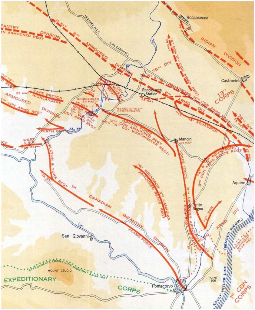 <p>Direttrici di avanzata canadesi sulla linea d’attacco del Fiume Melfa (24 - 25 maggio 1944).</p>