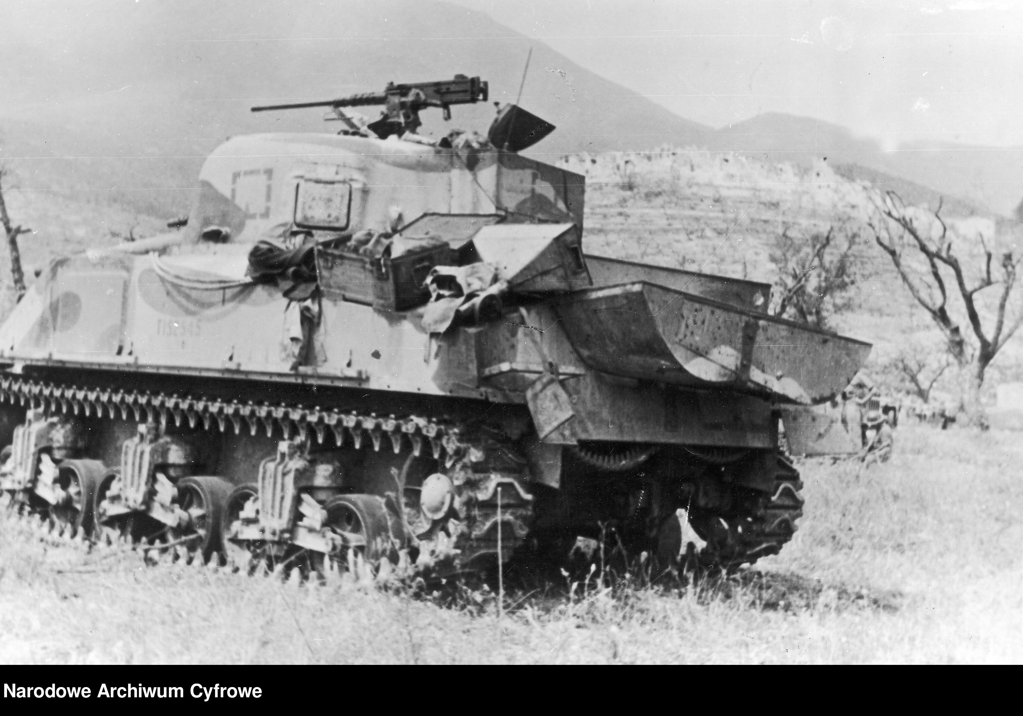 <p>Piedimonte San Germano, maggio 1944.<br />Il carro del capitano Ezman, comandante del II squadrone del 6° reggimento corazzato, colpito da una granata da 75 mm., il 20 maggio 1944, che causò la morte di tutto l’equipaggio.</p><p class='eng'>1944/05/24 - 1944/05/25<br />The destroyed M4 Sherman tank by Capt. Ezman from the 6th Armored Regiment "Children of Lviv".<br />NAC 3/24/0/-/460/8</p>