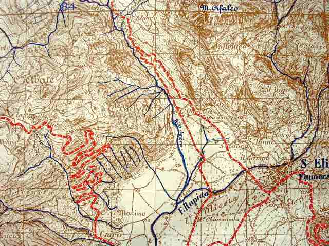 <p>La zona tra il Belvedere ed il Rio Secco in una mappa militare inglese del 1944.(Italy, 1:50.000, Atina, Sheet 160 I., Photolithographed by O.S. 1943, Reproduced by 514 Corps Fd. Svy. Coy. R.E. April 1944, Published by War Office. 1941, Second Edition (Coloured), 1944.)</p>