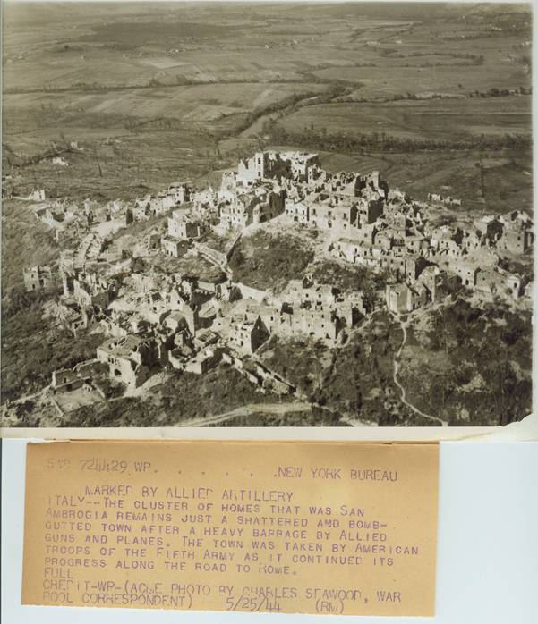 <p class='eng'>New York Bureau. Marked by Allied Artillery. ITALY — The cluster of homes that was San Ambrogia remains just a shattered bomb-gutted town after a heavy barrage by Allied guns and planes. The town was taken by American troops of the Fifth Army as it continued its progress along the road to Rome. Credit: ACME Photo by Charles Seawood, War Pool Correspondent.</p>