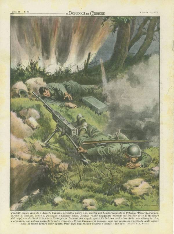 <p>9 aprile 1944 - XXII. Anno 46 numero 15: la quarta di copertina dedicata alla morte dei due fratelli Vannini. Disegno di Walter Molino.<br /></p>