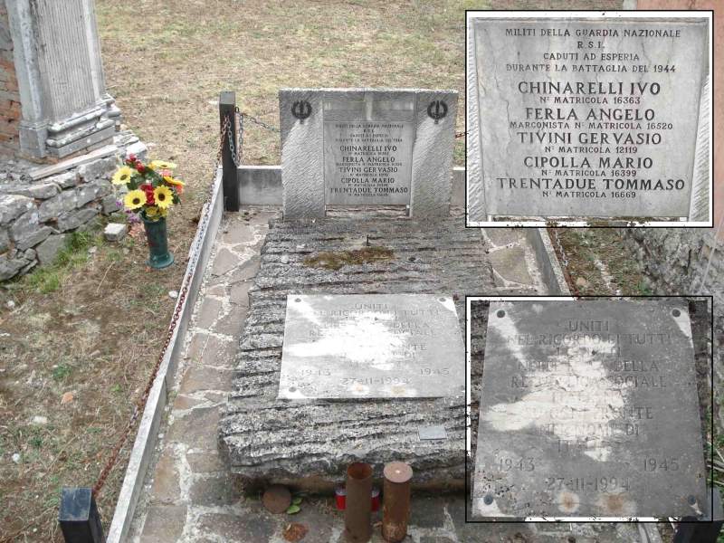 <p>La tomba dei cinque caduti nel cimitero di Esperia (particolari della lapide con i nomi dei caduti e della pietra tombale).</p>