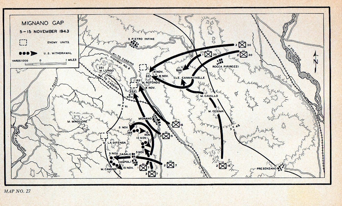 <p>Le operazioni del VI Corpo americano dal 5 al 15 novembre 1943 nell’area di Mignano e di Monte Rotondo.</p>