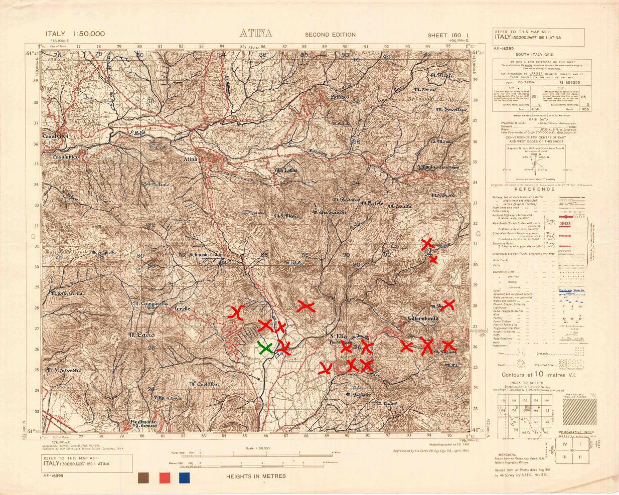<p>Zone cannoneggiate dai Tedeschi nel settore a nord-est di Cassino nei giorni 11 e 27 aprile 1944, ricavate dai rapporti del servizio di informazioni del XIII° Corpo d'Armata inglese. In rosso le zone cannoneggiate l'11 aprile, in verde l'unica zona del settore presa di mira il 27. Le aree sono identificate con una certa approssimazione.</p>