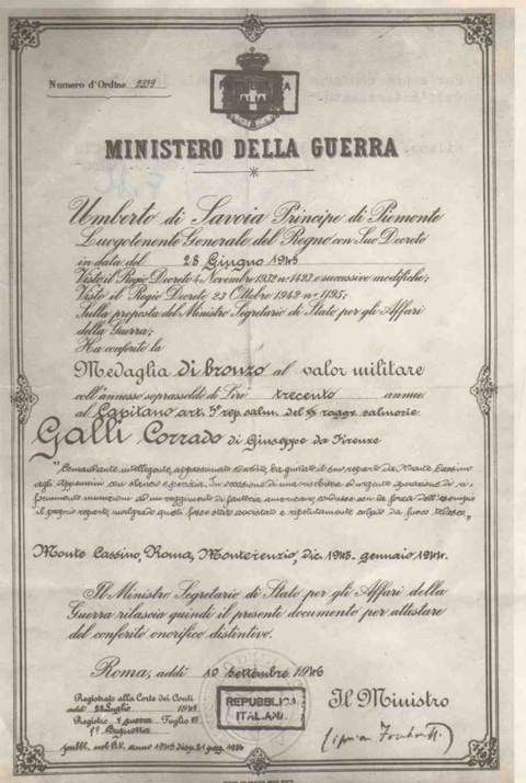 <p>Il diploma di concessione della Medaglia di Bronzo al Valor Militare al Capitano Corrado<br /> Galli.</p>