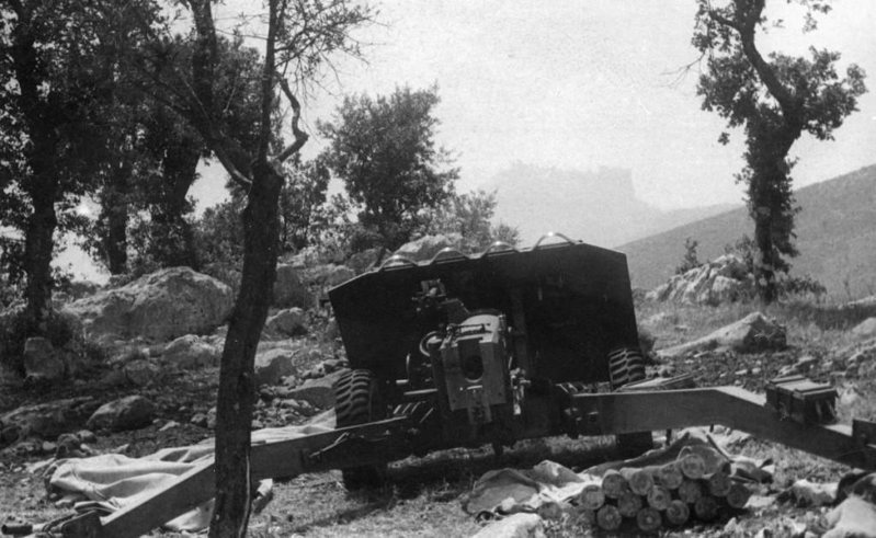 <p>Il pezzo controcarro di fabbricazione britannica, un 17 pdr, che i polacchi posizionarono sul versante nord est del crinale di quota 593, puntato verso le rovine dell’Abbazia.</p>