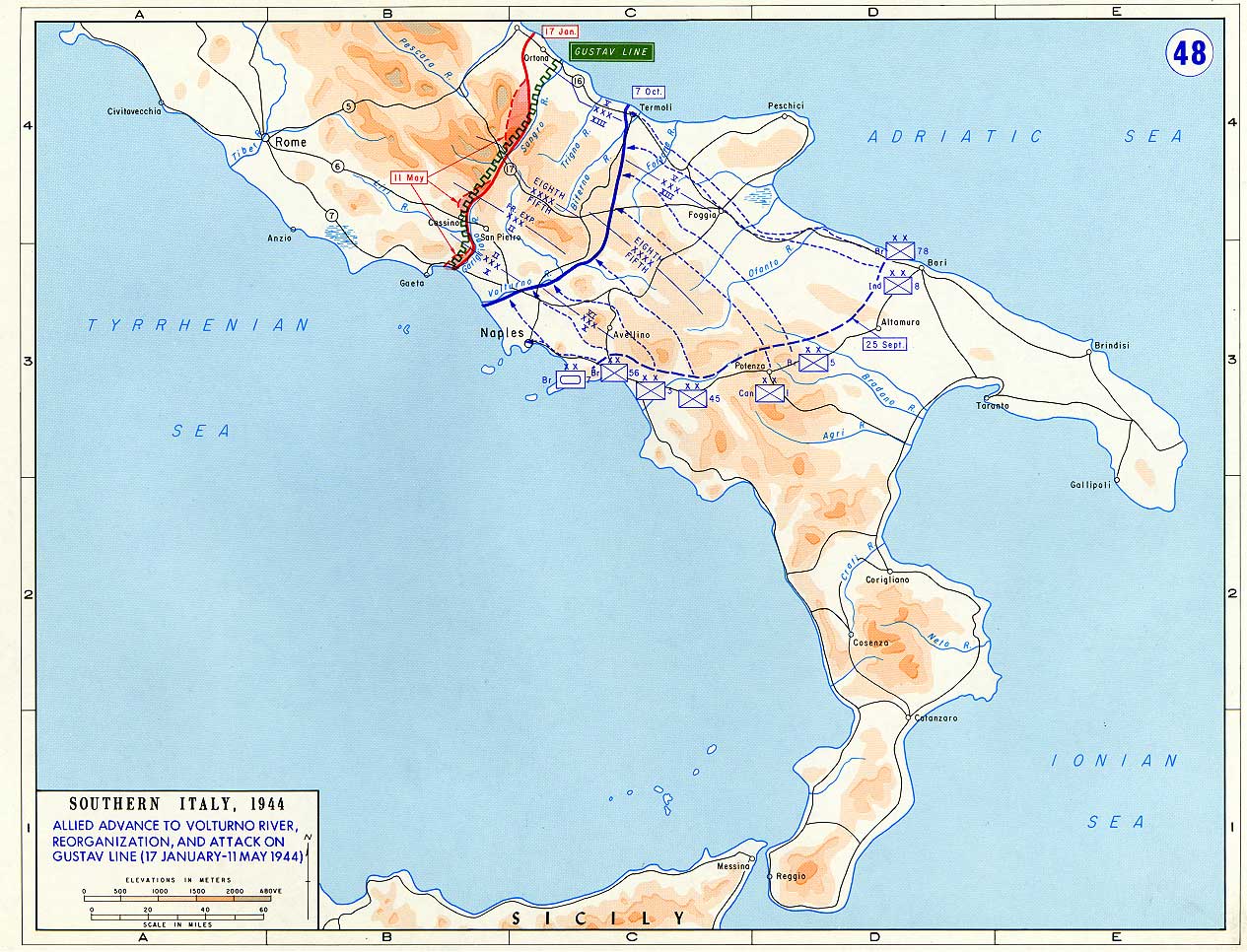<p class='eng'>Southern Italy, 1944. Allied advance to Volturno River, reorganization and attack on the Gustav Line (17 January - 11 May 1944).</p>