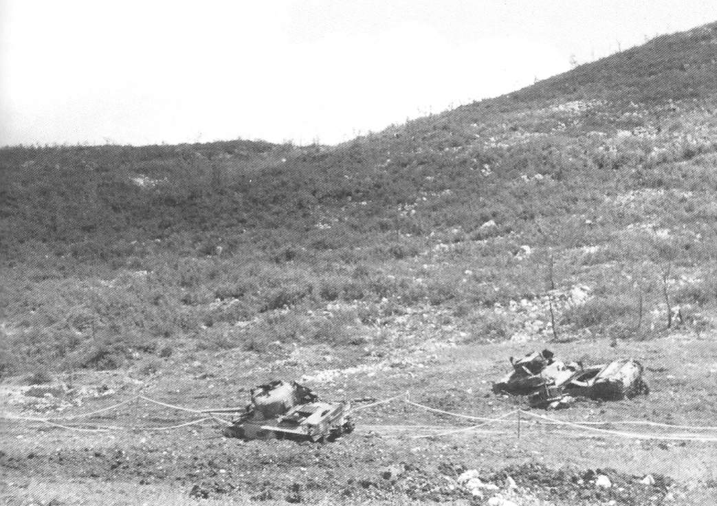 <p>Maggio 1944, Masseria Albaneta. Carri armati alleati persi durante l'attacco del 19 marzo 1944.<br />A sinistra lo "Sherman" del C.le Lennie (Squadrone "C", 20° Reggimento Corazzato neozelandese) e a destra gli "Stuart" del Ten. Wright e del Serg. Reese (Compagnia "D", 760° Battaglione Carri americano).</p><p class='eng'>To the left: NZ 20 Armoured Regiment "C" Squadron, Tank No.13, Cpr. Reg Lennie.<br />To the right: US 760 Tank Battalion, "D" Company M5A1 Stuart "Do or Die", Sgt. Leonard E.Reese and US 760 Tank Battalion, "D" Company M5A1, Ltn. Chester M.Wright.</p>
