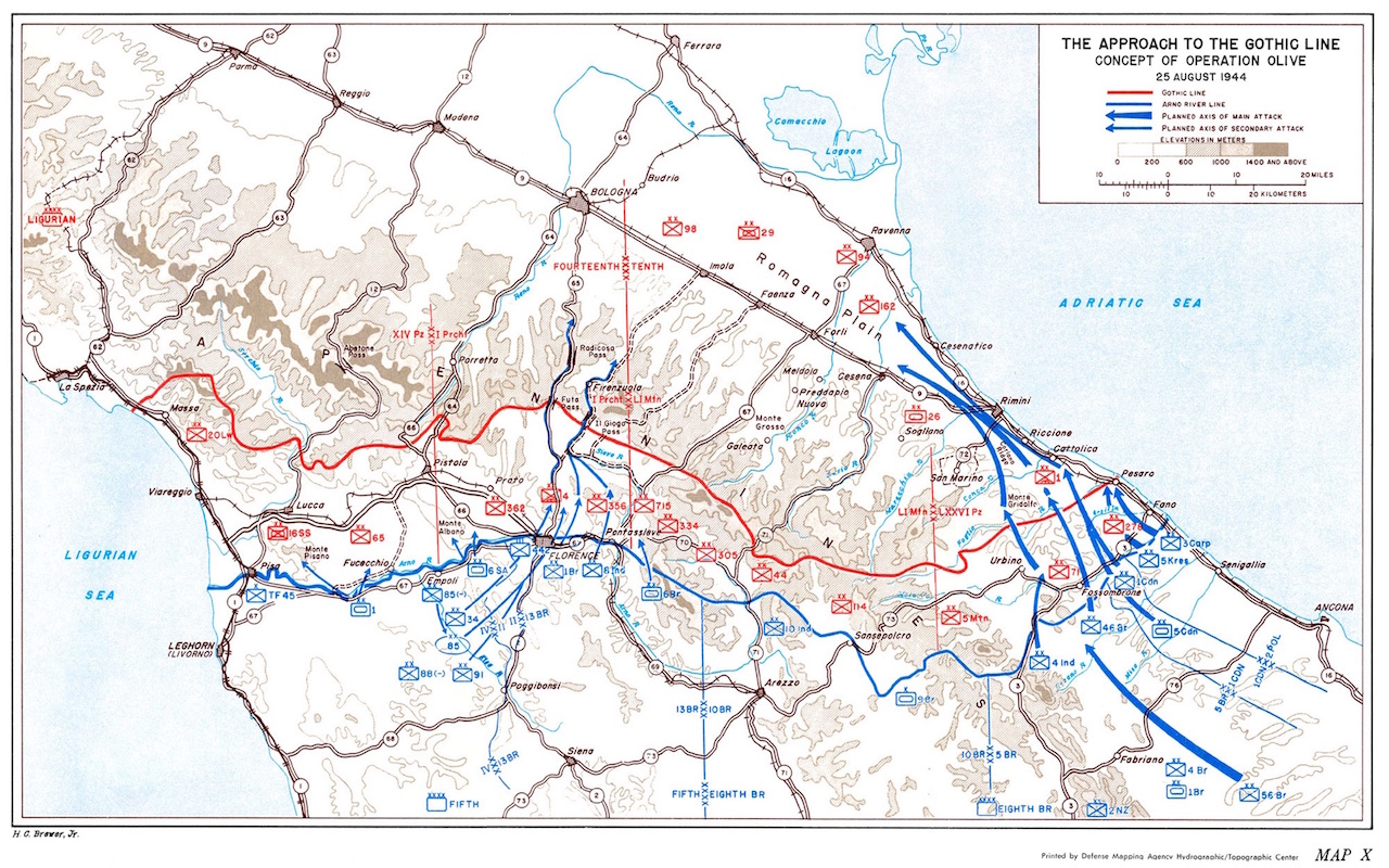 <p class='eng'>The approach to the Gothic Line, concept of operation Olive. 25 august 1944.</p>