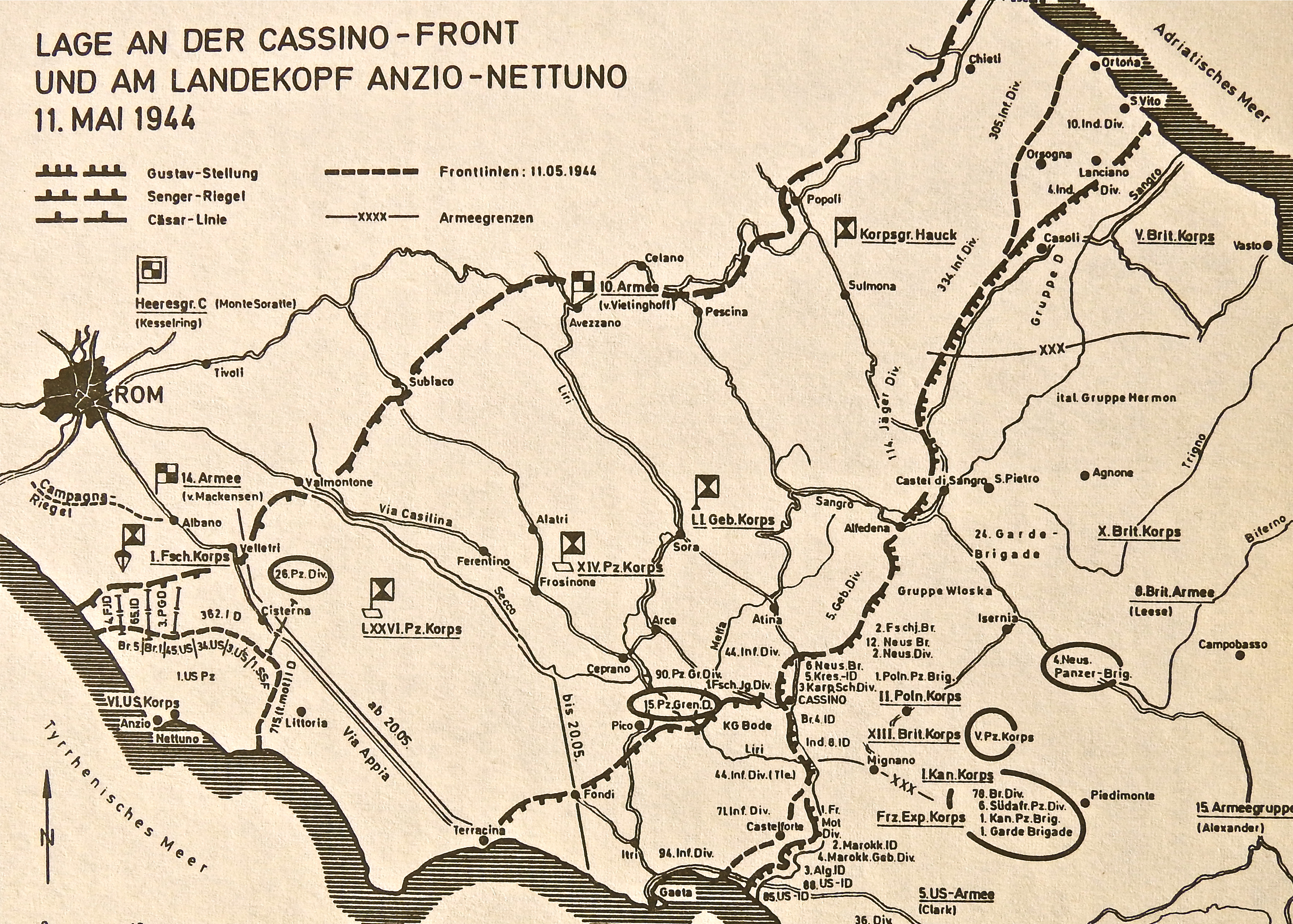 <p>La situazione dei fronti di Cassino e di Anzio al 11 maggio 1944.</p>