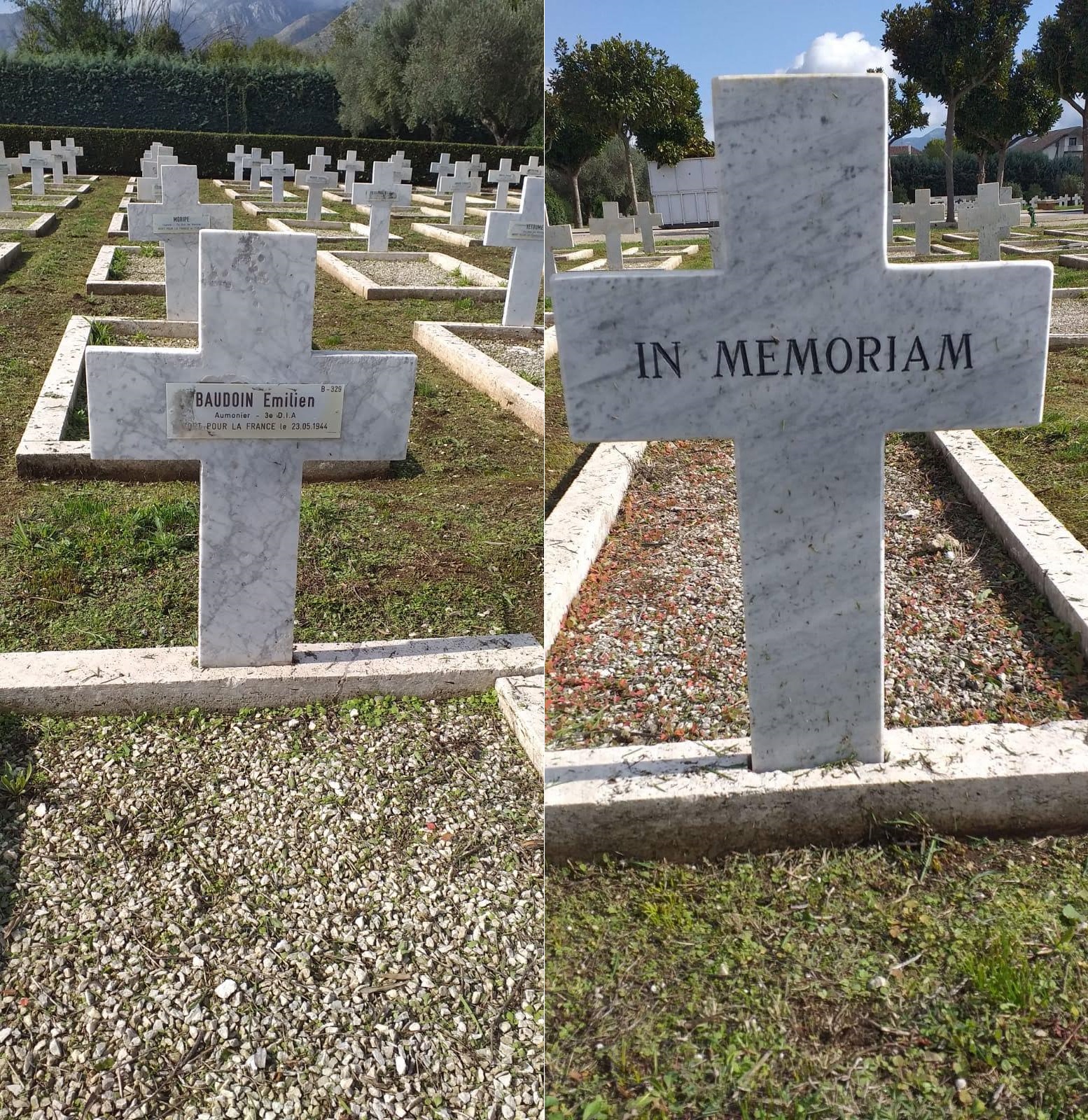 <p>La tomba di padre Emilien Baudouin, "IN MEMORIAM", presso il cimitero militare francese di Venafro. Il suo corpo è stato traslato prima, probabilmente, in Francia ed in seguito a Costantine in Algeria.</p>
