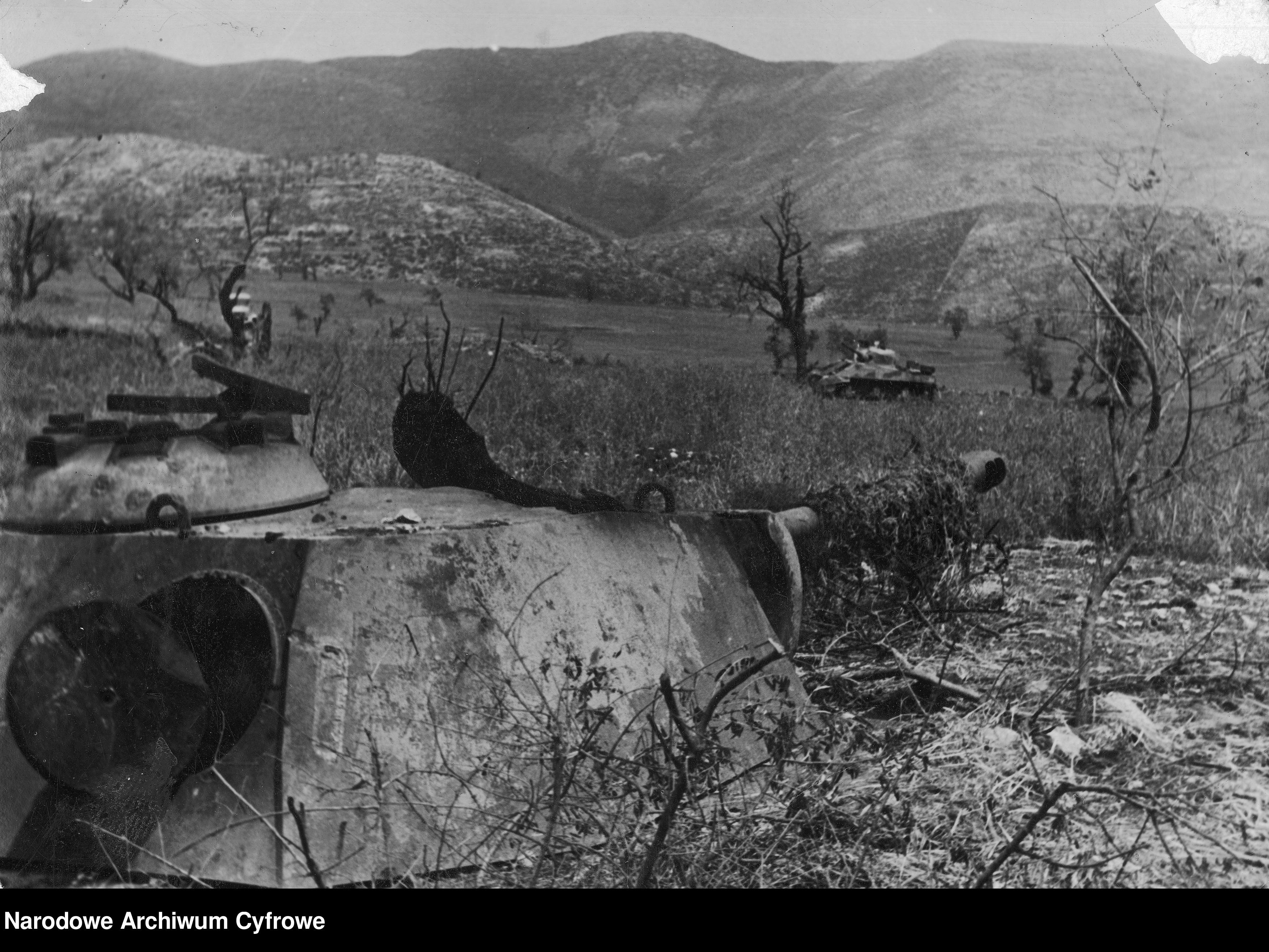 <p class='eng'>1944/05/24 - 1944/05/25<br />Fortified German artillery position Pantherturm on the outskirts of Piedimonte. In the background, the M4 Sherman tank from the 6th Armored Regiment "Dzieci Lwowskich".<br />NAC 3/24/0/-/460/17</p>