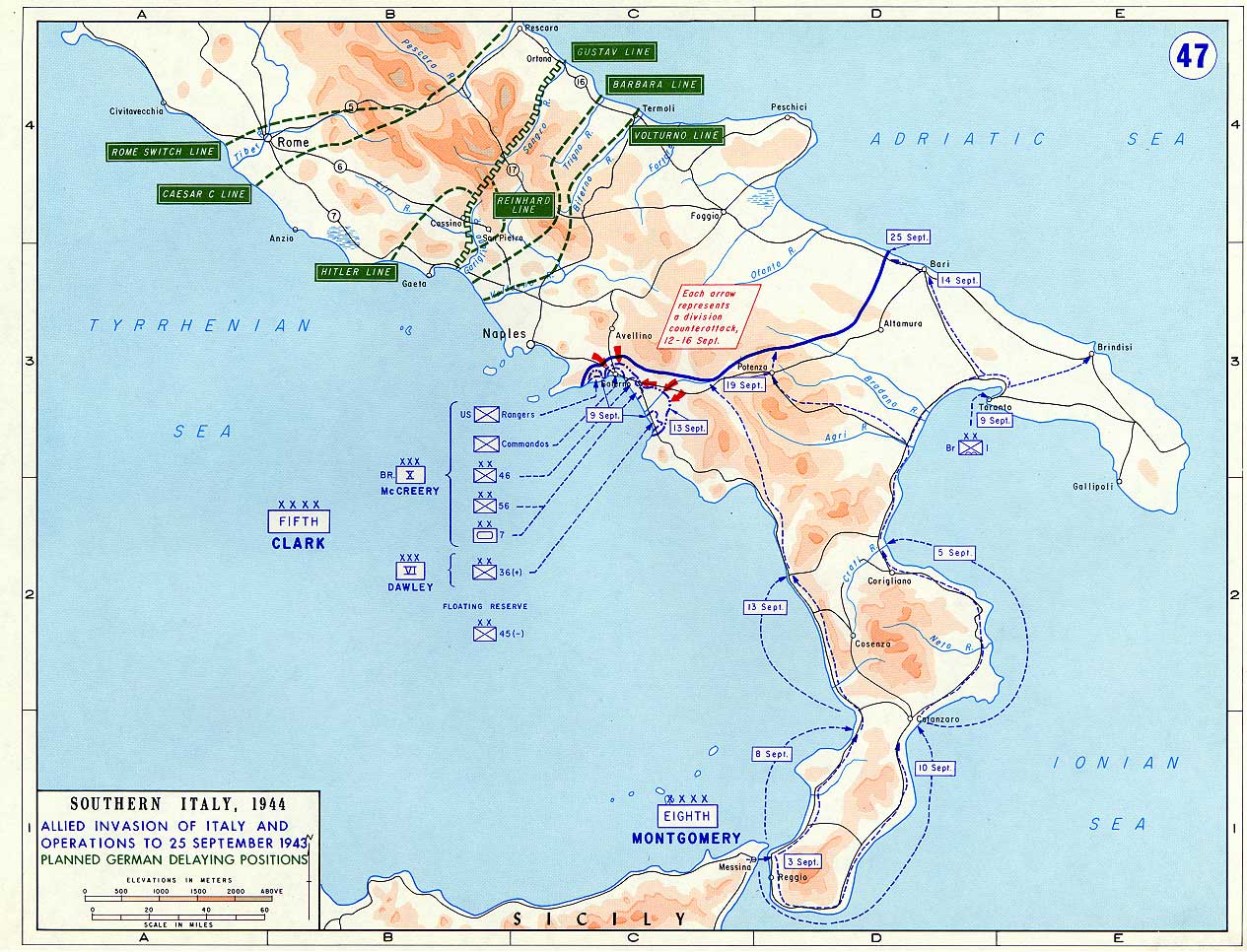 <p>Le varie linee di difesa tedesche tra il gennaio e il giugno 1944.</p><p class='eng'>Southern Italy, 1944. Allied invasion of Italy and operations to 25 semptember 1943. Planned german delaying positions.</p>